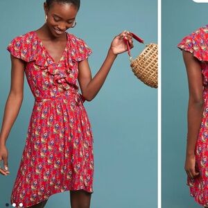 Maeve Anthropologie Rosalia Wrap Floral Dress Red Sz 4‎ Flouncy Date Boho Girly
